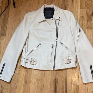 AllSaints Women’s Ivory Leather Motorcycle Biker Jacket with Black Lining 12
